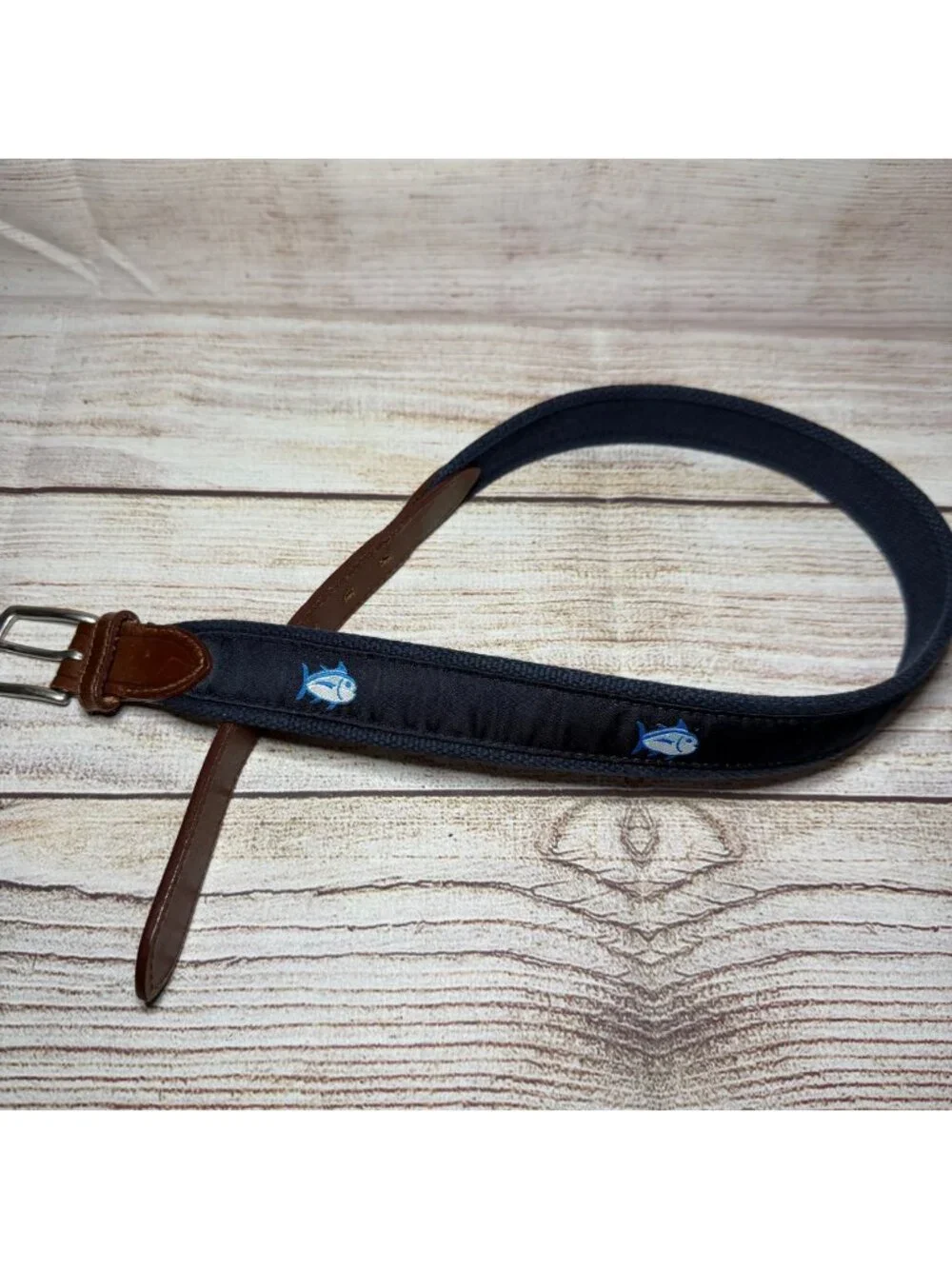 Southern Tide The Skipjack Leather Canvas Fish Logo Belt Boys Kids Size 26 Blue